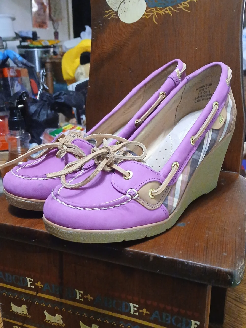 Sperry/topsider,suede Fuscia Plaid Wedge Shoes with Tan Leather-Laces, Sz.8m